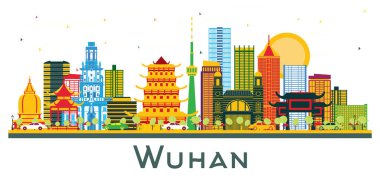 Wuhan Cin sehrinin silueti beyaz renkli binalar ile izole edildi. Vektör İllüstrasyonu. Modern Mimariyle İş Seyahatleri ve Turizm Konsepti. Tarihi İşaretli Wuhan Şehri.