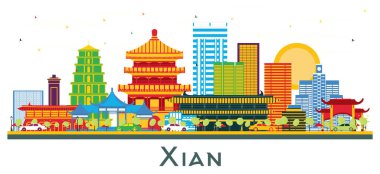 Beyaz renkli binaları olan Xian China şehri Skyline. Vektör İllüstrasyonu. Tarihi Mimariyle İş Seyahati ve Turizm Konsepti. Tarihi Simgeli Xian Şehir Manzarası.