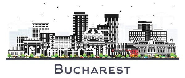 布加勒斯特罗马尼亚市天际线与色彩建筑隔离在白色 病媒说明 布加勒斯特城市景观与地标 具有历史建筑的商务旅行和旅游概念 — 图库矢量图片