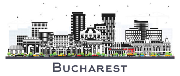 Bucharest Romania City Skyline with Color Buildings isolated on white. Vector Illustration. Bucharest Cityscape with Landmarks. Business Travel and Tourism Concept with Historic Architecture.
