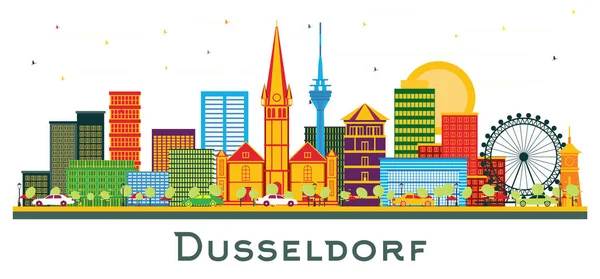 デュッセルドルフ市のスカイライン 白で隔離されたカラービルディング ベクターイラスト 歴史的建築によるビジネス旅行と観光コンセプト デュッセルドルフ ドイツ ランドマーク シティスケープ — ストックベクタ