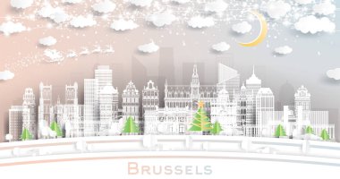 Brüksel Belçika. Kar Taneleri, Ay ve Neon Garland ile Kağıt Kesiği Tarzı Altında Winter City Skyline. Noel ve Yeni Yıl Kavramı. Noel Baba kızakta. Tarihi Simgelere sahip Brüksel Şehri.