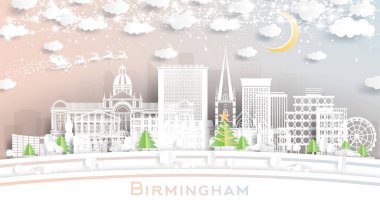Birmingham İngiltere. Kar Taneleri, Ay ve Neon Garland ile Kağıt Kesiği Tarzı Altında Winter City Skyline. Noel ve Yeni Yıl Kavramı. Noel Baba kızakta. Birmingham Şehir Manzarası.