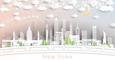 New York, ABD. Kar Taneleri, Ay ve Neon Garland ile Kağıt Kesiği Tarzı Altında Winter City Skyline. Noel ve Yeni Yıl Kavramı. Noel Baba kızakta. Tarihi Simgelerle New York Şehri.