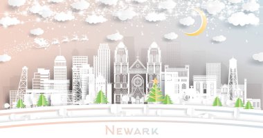 Newark New Jersey 'de. Kar Taneleri, Ay ve Neon Garland ile Kağıt Kesiği Tarzı Altında Winter City Skyline. Noel ve Yeni Yıl Kavramı. Noel Baba kızakta. Tarihi İşaretli Newark Şehir Manzarası.