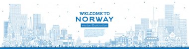 Norveç 'in mavi binalı silueti. Vektör çizimi. Tarihi ve modern mimari kavramı. Kent simgeleriyle Norveç şehri. Oslo. Stavanger. Trondheim. Bergen.