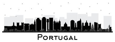 Portekiz. Şehrin silueti siyah binalarla bembeyaz. Vektör İllüstrasyonu. Modern ve Tarihsel Mimarlık kavramı. Tarihi yerleri olan Portekiz şehri manzarası. Porto ve Lizbon.