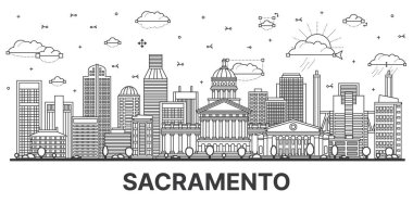 Sacramento California şehir silueti, beyaza izole edilmiş modern ve tarihi binalar. Vektör çizimi. Sacramento ABD şehir simgeleriyle.
