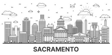 Sacramento California şehir silueti, beyaza izole edilmiş modern ve tarihi binalar. Vektör çizimi. Sacramento ABD şehir simgeleriyle.