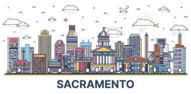 Sacramento California şehir silueti. Beyazlar üzerinde izole edilmiş renkli modern ve tarihi binalar. Vektör çizimi. Sacramento ABD şehir simgeleriyle.