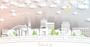 Salem Oregon ABD. Kar Taneleri, Ay ve Neon Garland ile Kağıt Kesiği Tarzı Altında Winter City Skyline. Noel ve Yeni Yıl Kavramı. Noel Baba kızakta. Tarihi Simgeli Salem Şehir Manzarası.