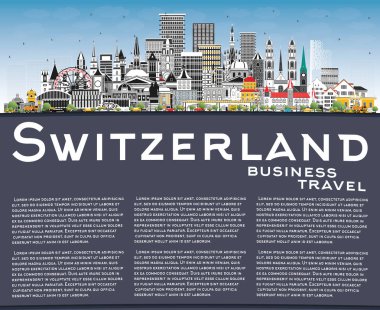 İsviçre şehir silueti gri binalar, mavi gökyüzü ve kopyalama alanı. Vektör çizimi. Modern ve tarihi mimari. İsviçre şehir simgeleriyle dolu. Bern. Basel. Zürih 'te. Cenevre.