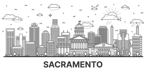 描述加州萨克拉门托市的天际线与现代和历史建筑隔离在白色 矢量图解 具有地标的萨克拉门托美国城市景观 — 图库矢量图片