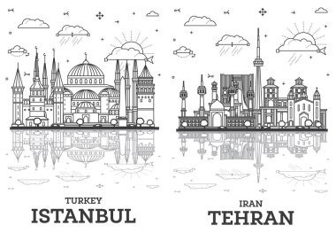 Tahran İran ve İstanbul City Skyline 'ın ana hatlarını beyaza izole edilmiş Tarihi Binalar ve Yansımalar oluşturuyor. Yer İmlerine sahip şehir manzarası.