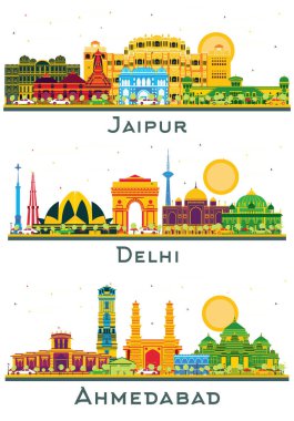 Delhi, Ahmedabad ve Jaipur India City Skyline seti. Renkli binalar beyaza ayrılmış. İş Seyahat ve Turizm Konsepti. Yer İmlerine sahip şehir manzarası.