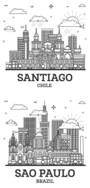 Sao Paulo Brezilya ve Santiago Şili City Skyline ana hatlarıyla Modern ve Tarihi Binalar beyaz üzerine izole edilmiştir. Yer İmlerine sahip şehir manzarası.
