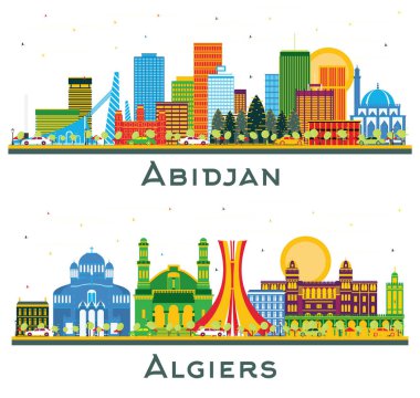 Cezayir ve Abidjan Fildişi Sahil Kenti Skyline seti. Renkli binalar beyaz üzerine izole edilmiş. Modern Mimariyle İş Seyahatleri ve Turizm Konsepti. Yer İmlerine sahip şehir manzarası.