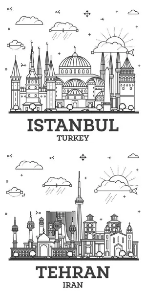 Outline Tehran Iran and Istanbul Turkey City Skyline set with Historic Buildings Isolated on White. Cityscape with Landmarks.