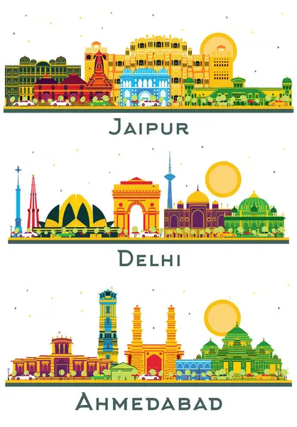 Delhi Ahmedabad Jaipur India City Skyline Set Color Buildings Isolated — Stock Photo, Image