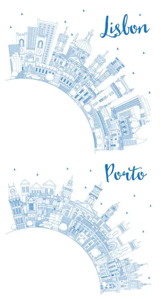 Esquema Porto Lisboa Portugal City Skyline Set Con Edificios Azules —  Fotos de Stock