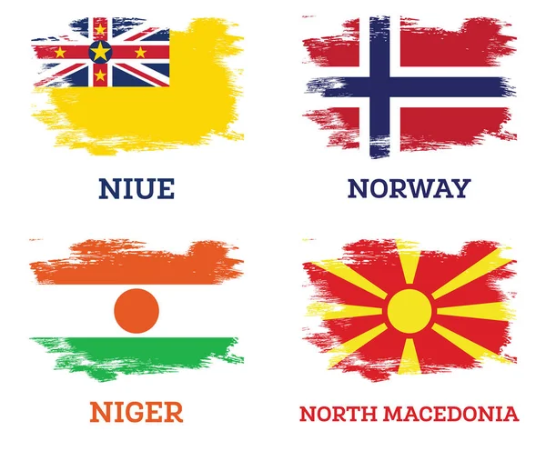 Norway Niger North Macedonia Niue Flags Set Brush Strokes Independence — Stock Photo, Image