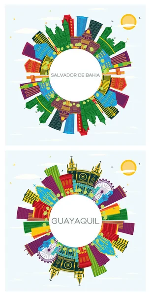 Guayaquil Ecuador Salvador Bahia City Skyline Set Color Buildings Blue — Stock Photo, Image