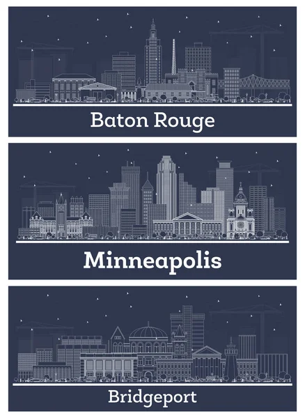 Outline Minneapolis Minnesota Bridgeport Connecticut Baton Rouge Louisiana City Skyline — Stock Photo, Image