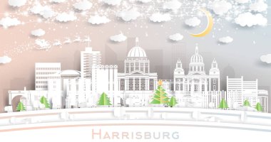 Harrisburg Pennsylvania ABD. Kar Taneleri, Ay ve Neon Garland ile Kağıt Kesiği Tarzı Altında Winter City Skyline. Noel, yeni yıl konsepti. Noel Baba kızakta. Harrisburg Şehir Manzarası