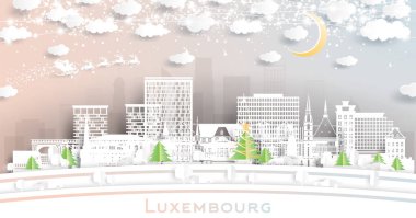 Lüksemburg şehri. Kar taneleri, ay ve neon çelenklerle kağıt kesiği şeklinde ufuk çizgisi. Noel ve yeni yıl konsepti. Noel Baba kızakta. Lüksemburg şehir manzarası.
