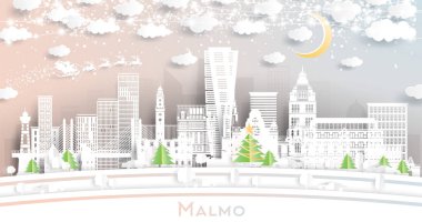 Malmo Sweden. Winter City Skyline in Paper Cut Style with Snowflakes, Moon and Neon Garland. Christmas, New Year Concept. Santa Claus on Sleigh. Malmo Cityscape with Landmarks. clipart