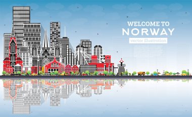 Norveç şehir silueti gri binalar, mavi gökyüzü ve yansımaları ile. Vektör çizimi. Tarihi, modern mimari kavramı. Kent simgeleriyle Norveç şehri. Oslo. Stavanger. Trondheim. Bergen.
