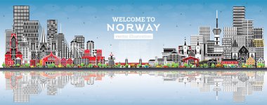 Norveç şehir silueti gri binalar, mavi gökyüzü ve yansımaları ile. Vektör çizimi. Tarihi, modern mimari kavramı. Kent simgeleriyle Norveç şehri. Oslo. Stavanger. Trondheim. Bergen.