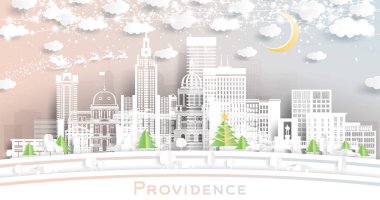 Providence Rhode Island ABD. Kar Taneleri, Ay ve Neon Garland ile Kağıt Kesiği Tarzı Altında Winter City Skyline. Noel, yeni yıl konsepti. Noel Baba kızakta. Tarihi Simgeli Providence Şehri.