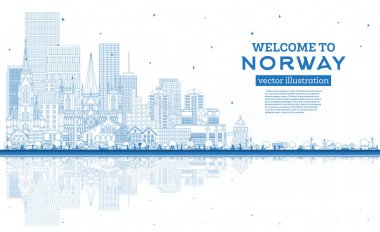 Norveç şehir silueti mavi binalar ve yansımalarla çizilmiş. Vektör çizimi. Tarihi, modern mimari kavramı. Kent simgeleriyle Norveç şehri. Oslo. Stavanger. Trondheim. Bergen.