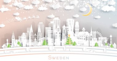 İsveç. Kar taneleri, ay ve neon çelenklerle kağıt kesiği şeklinde ufuk çizgisi. Noel, yeni yıl konsepti. Noel Baba kızakta. Şehir simgeleriyle dolu. Stockholm. Malmö. Göteborg.