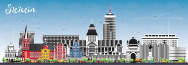 Szczecin Polonya şehir silueti renkli binalar ve mavi gökyüzü ile. Vektör çizimi. Szczecin şehir simgeleriyle dolu. Modern ve tarihi mimariyle iş seyahati ve turizm kavramı.