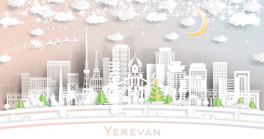 Erivan Ermenistan 'ı. Kar taneleri, ay ve neon çelenklerle kağıt kesiği şeklinde ufuk çizgisi. Noel ve yeni yıl konsepti. Noel Baba kızakta. Yerevan şehir simgeleri.