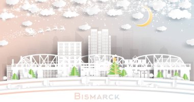 Bismarck Kuzey Dakota USA. Kar Taneleri, Ay ve Neon Garland ile Kağıt Kesiği Tarzı Altında Winter City Skyline. Noel, yeni yıl konsepti. Noel Baba kızakta. Simgeli Bismarck Şehri.