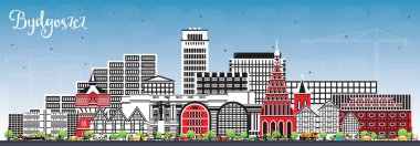 Bydgoszcz Polonya şehir silueti renkli binalar ve mavi gökyüzü ile. Vektör çizimi. Bydgoszcz işaretli şehir manzarası. Modern ve tarihi mimariyle iş seyahati ve turizm kavramı