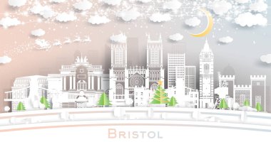 Bristol İngiltere. Kar Taneleri, Ay ve Neon Garland ile Kağıt Kesiği Tarzı Altında Winter City Skyline. Noel, yeni yıl konsepti. Noel Baba kızakta. Bristol İngiltere Şehir Simgeleriyle.