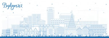 Bydgoszcz Polonya 'nın mavi binalı silueti. Vektör çizimi. Bydgoszcz işaretli şehir manzarası. Modern ve tarihi mimariyle iş seyahati ve turizm kavramı.
