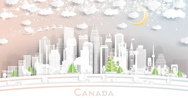 Canadá Winter City Skyline Paper Cut Style Com Flocos Neve — Vetor de Stock