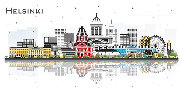 Финский Город Хельсинки Цветными Зданиями Отражениями Изолированными Белом Фоне Векторная — стоковый вектор