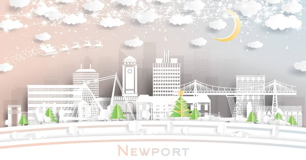 Newport Wales Winter City Skyline Paper Cut Style Snowflakes Moon — Stock Vector