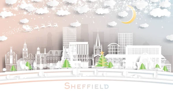 Sheffield Winter City Skyline Paper Cut Style Snowflakes Moon Neon — Stock Vector