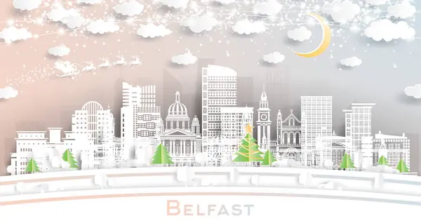 Belfast Northern Ireland Winter City Skyline Paper Cut Style Snowflakes — Stock Vector