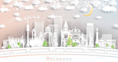 Belgrad Sırbistan. Kar taneleri, ay ve neon çelenklerle kağıt kesiği şeklinde ufuk çizgisi. Noel ve yeni yıl konsepti. Noel Baba kızakta. Belgrad şehir manzarası simgelerle dolu.