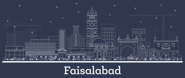 Faisalabad 'ın ana hatları beyaz binalarla dolu. Vektör çizimi. Tarihi mimariyle iş seyahati ve turizm kavramı. Faisalabad şehir simgeleriyle.