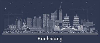 Beyaz binalarla Kaohsiung Tayvan şehrinin silueti. Vektör çizimi. Tarihi mimariyle iş seyahati ve turizm kavramı. Kaohsiung şehir merkezi..