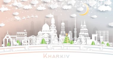 Kharkiv Ukraine. Winter city skyline in paper cut style with snowflakes, moon and neon garland. Christmas and new year concept. Santa Claus on sleigh. Kharkiv cityscape with landmarks. clipart